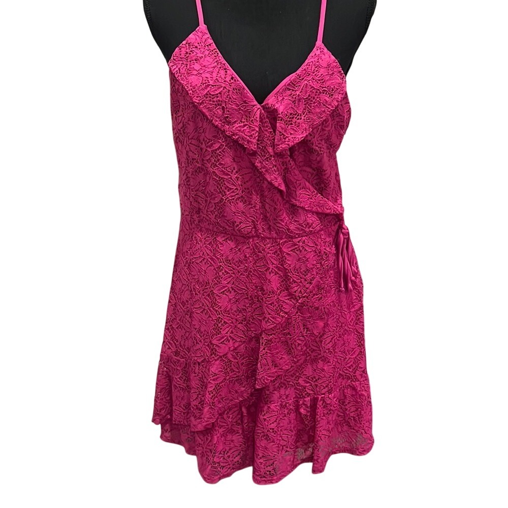 Fuchsia Pink Floral Lace Ruffle Mini Dress Surplice Racerback Cocktail Dress